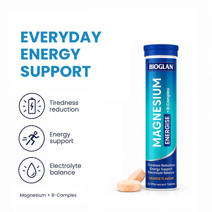 Bioglan Magnesium Energise + B-Complex Orange Flavour – 20 Effervescent Tablets