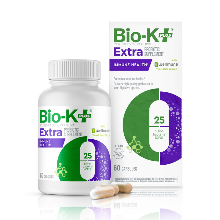 Bio-K Plus Extra probiotic supplement bottle and packaging on a white background