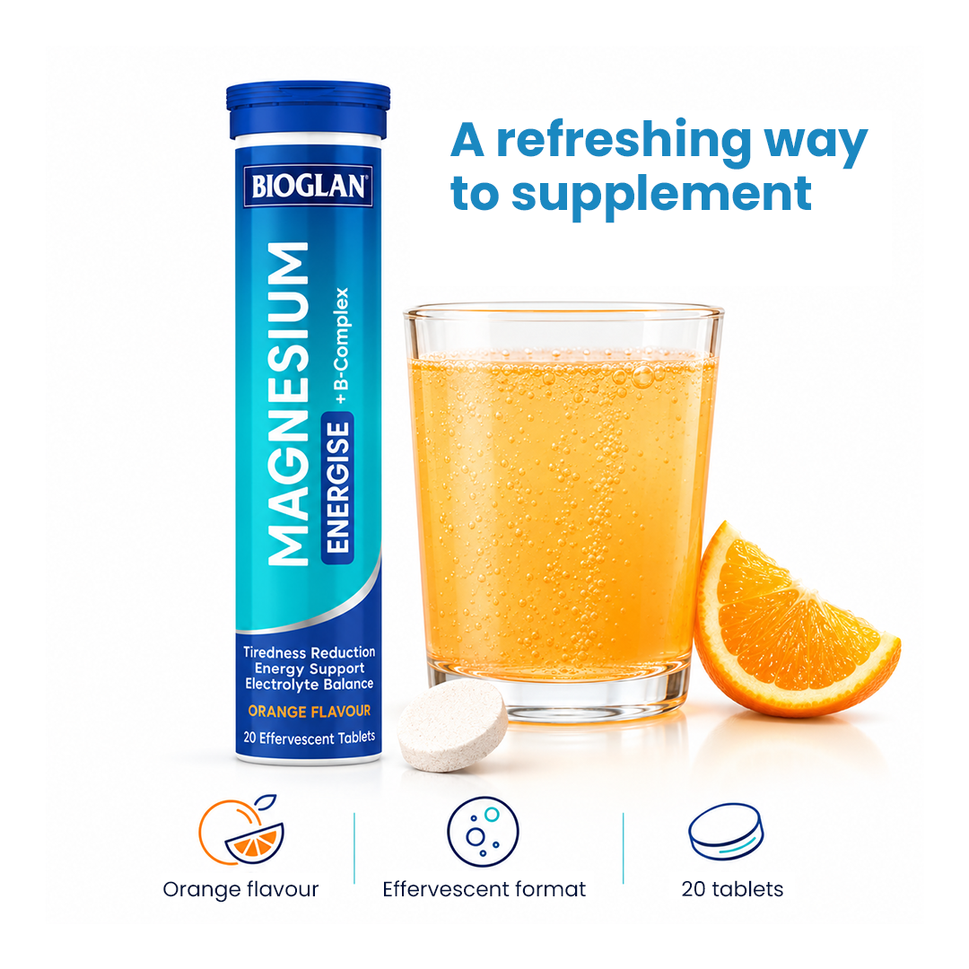 Bioglan Magnesium Energise + B-Complex Orange Flavour – 20 Effervescent Tablets