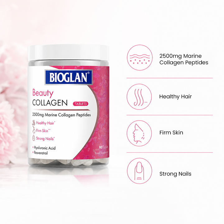 Bioglan Beauty Collagen Tablets – 2500mg Marine Collagen with Hyaluronic Acid, Biotin & Vitamin C – 90 Tablets, Hair/Skin/Nails