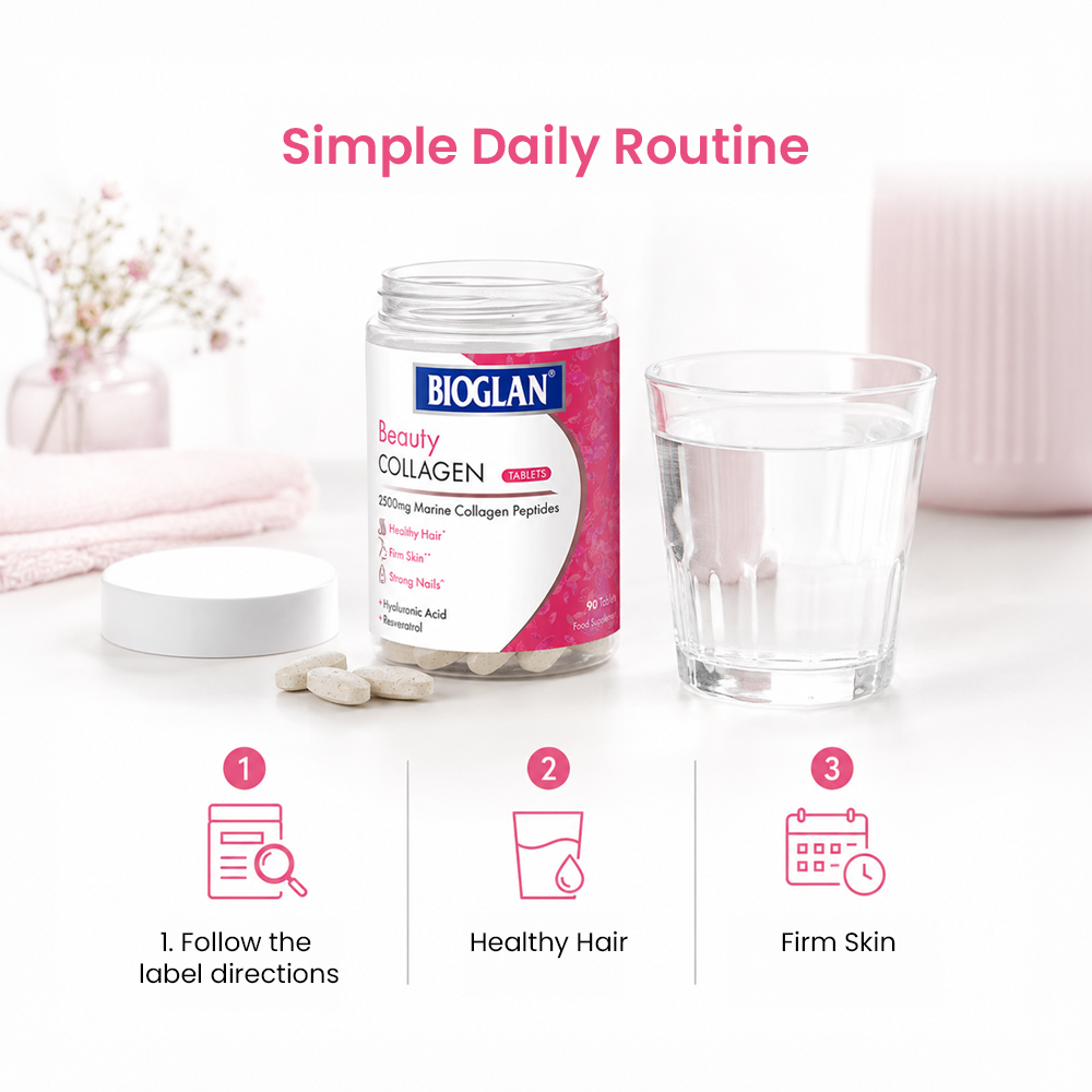 Bioglan Beauty Collagen Tablets – 2500mg Marine Collagen with Hyaluronic Acid, Biotin & Vitamin C – 90 Tablets, Hair/Skin/Nails