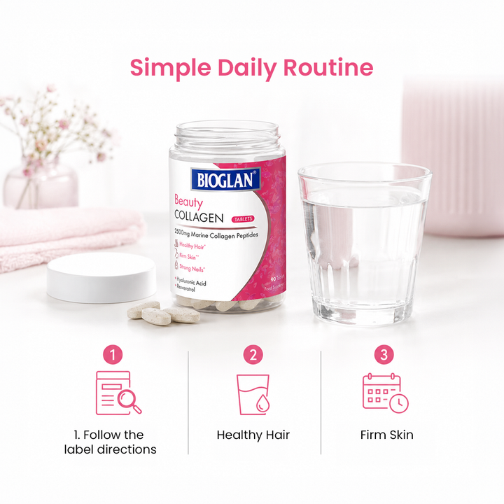 Bioglan Beauty Collagen Tablets – 2500mg Marine Collagen with Hyaluronic Acid, Biotin & Vitamin C – 90 Tablets, Hair/Skin/Nails