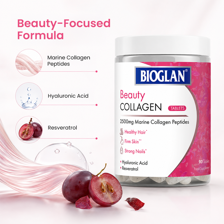 Bioglan Beauty Collagen Tablets – 2500mg Marine Collagen with Hyaluronic Acid, Biotin & Vitamin C – 90 Tablets, Hair/Skin/Nails