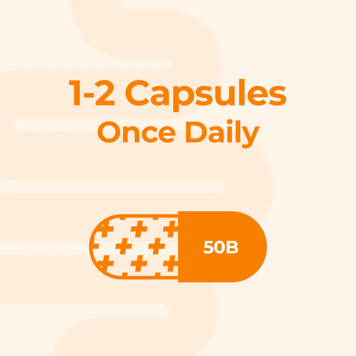 Orange capsule with '1-2 Capsules Once Daily' text on a beige background