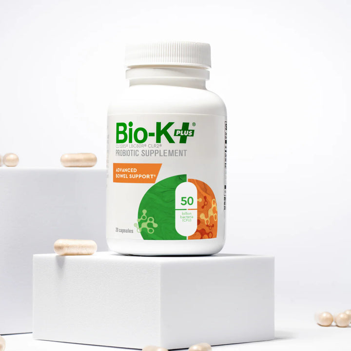Bio-K Plus probiotic supplement bottle on a white background