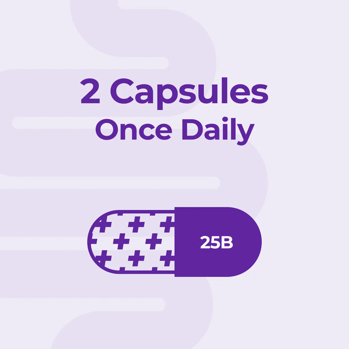 Purple capsule with '2 Capsules Once Daily' text on a light purple background