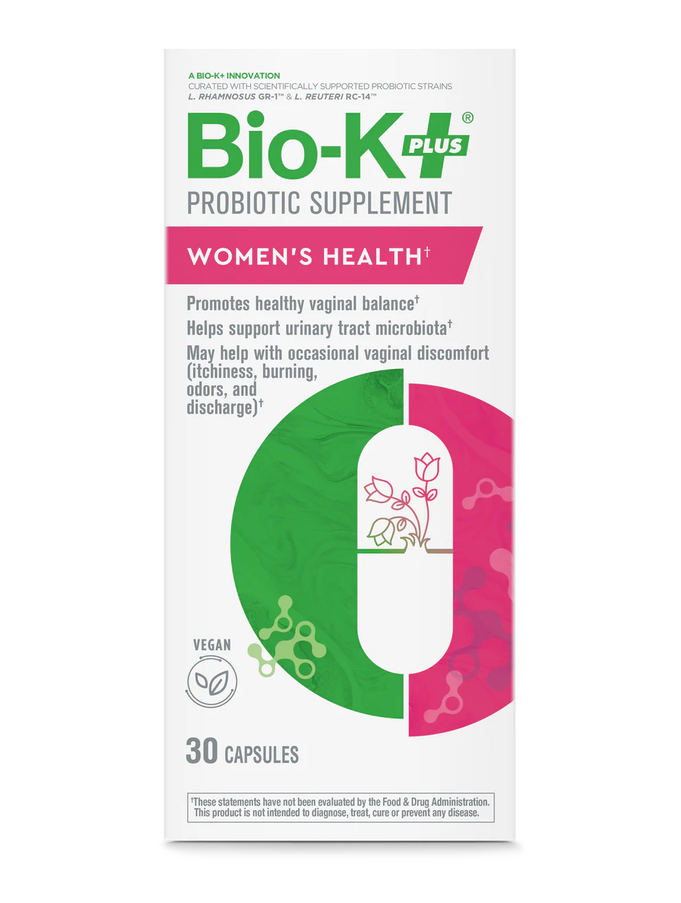 Bio-K+ Probiotic Supplement packaging for women's health on a white background