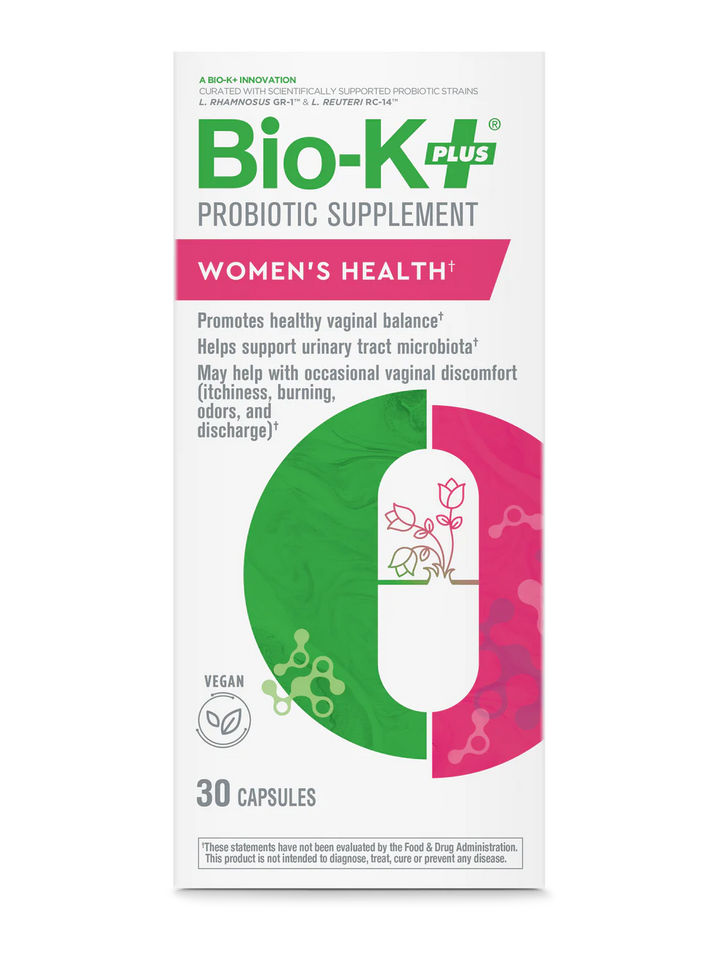 Bio-K+ Probiotic Supplement packaging for women's health on a white background