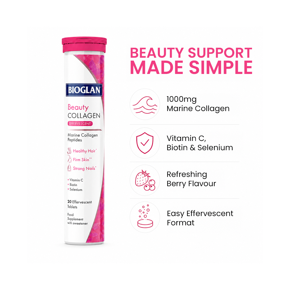 Bioglan Beauty Collagen Effervescent 1000mg Marine Collagen + Vitamin C & Biotin – 20 Berry Tablets for Hair & Skin