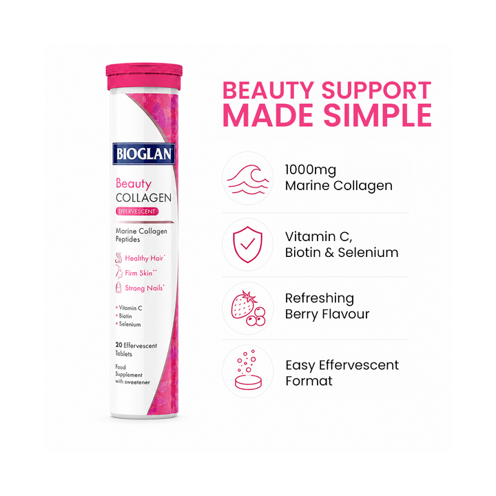 Bioglan Beauty Collagen Effervescent 1000mg Marine Collagen + Vitamin C & Biotin – 20 Berry Tablets for Hair & Skin
