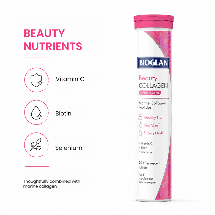 Bioglan Beauty Collagen Effervescent 1000mg Marine Collagen + Vitamin C & Biotin – 20 Berry Tablets for Hair & Skin