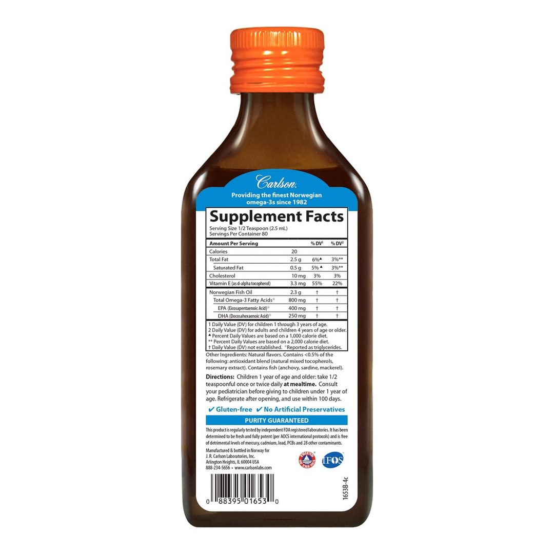 Carlson The Very Finest Fish Oil 800mg Natural Orange for Kids 200ml - Purity Guaranteed