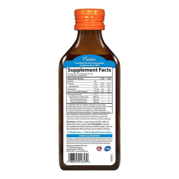 Carlson The Very Finest Fish Oil 800mg Natural Orange for Kids 200ml - Purity Guaranteed
