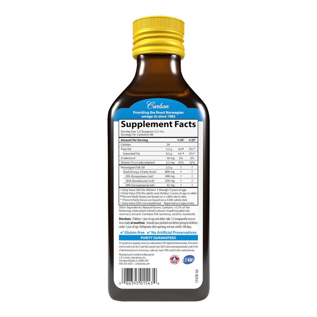 Carlson The Very Finest Fish Oil 800mg Omega-3 Natural Lemon for Kids 200ml - Purity Guaranteed