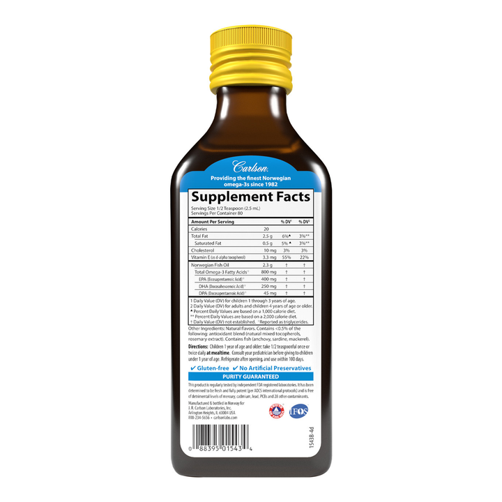 Carlson The Very Finest Fish Oil 800mg Omega-3 Natural Lemon for Kids 200ml - Purity Guaranteed