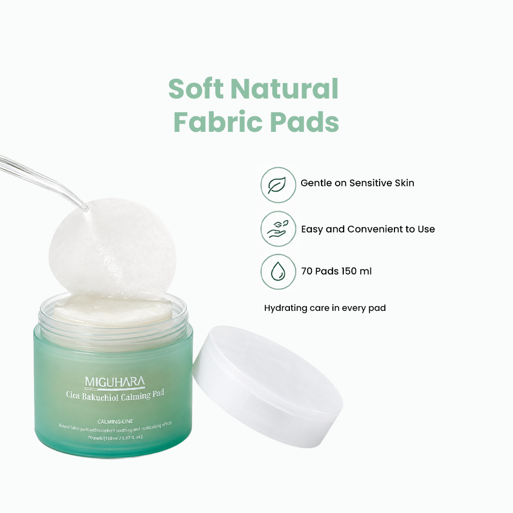 Miguhara Cica Bakuchiol Calming Pad, Natural Fabric Pads with Excellent Soothing and Moisturizing Effects - 70 Pads 150 ml