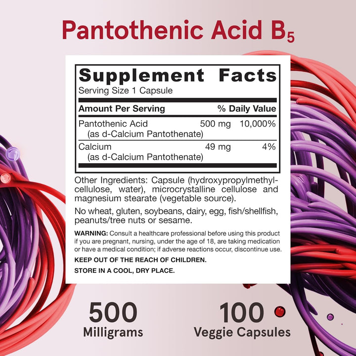 Jarrow Formulas Pantothenic Acid B5 500mg 100 Capsules - Supplement Facts