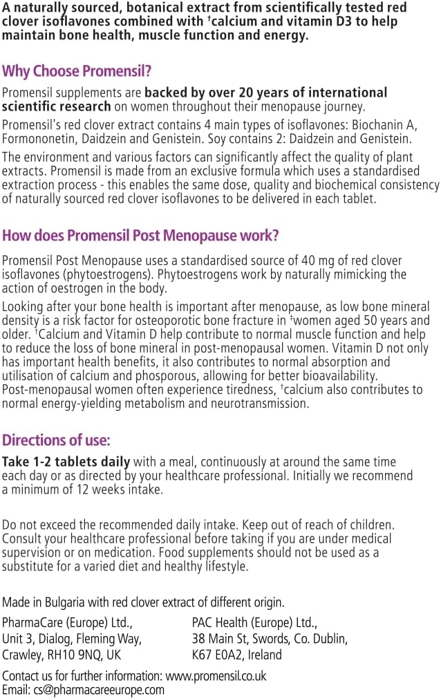 Promensil Post Menopause Supplement Calcium and Vitamin D3 30 Tablets - Botanical Extract