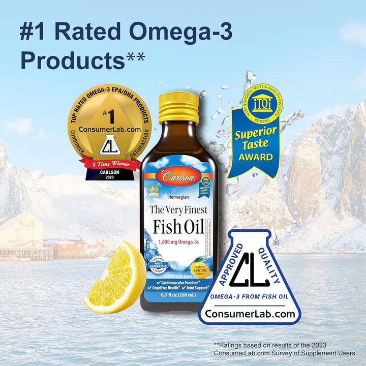 Carlson The Very Finest Fish Oil 1600mg Omega-3s Natural Lemon 200ml - Top Rated Omega-3 Products