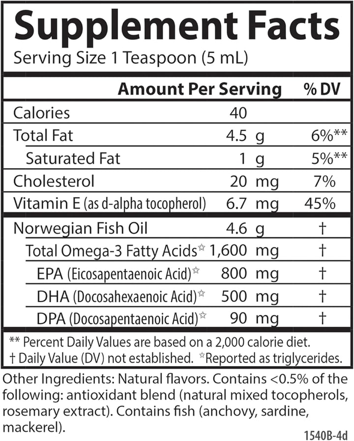 Carlson The Very Finest Fish Oil 1600mg Omega-3s Natural Lemon 200ml - Supplement Facts