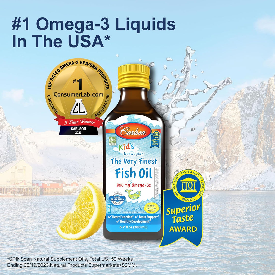 Carlson The Very Finest Fish Oil 800mg Omega-3 Natural Lemon for Kids 200ml - USA Number 1 Omega-3