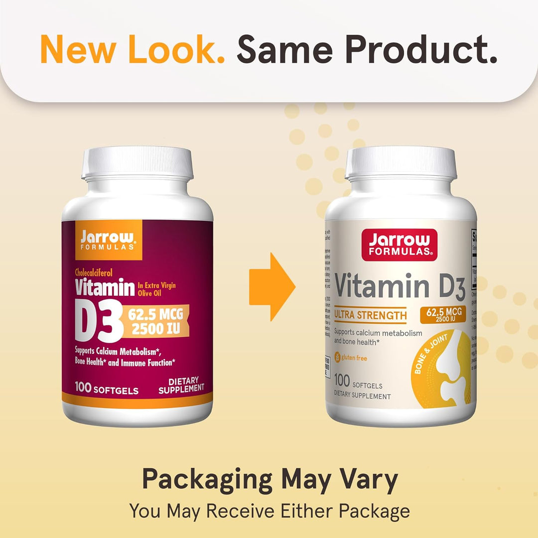 Jarrow Formulas Vitamin D3 2500 IU 100 Softgels - New Look Same Product