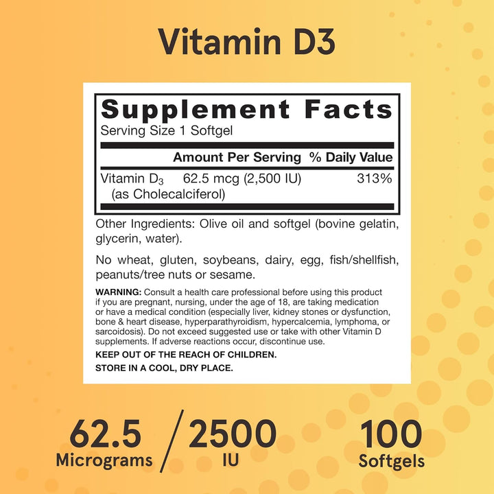 Jarrow Formulas Vitamin D3 2500 IU 100 Softgels - Supplement Facts