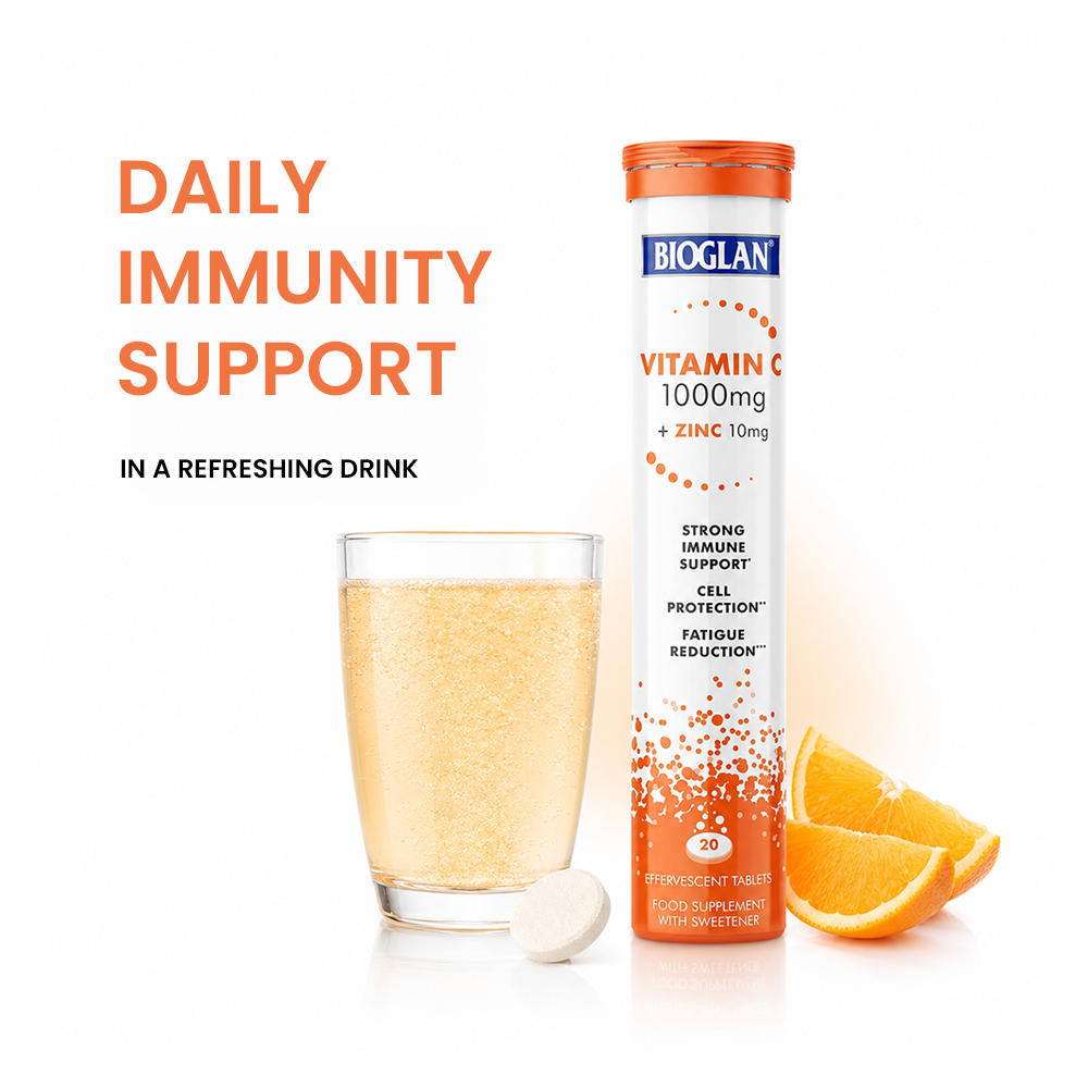 Bioglan Vitamin C 1000mg + Zinc Effervescent – 20 Orange Tablets for Immune Support – Dissolvable Drink, Food Supplement