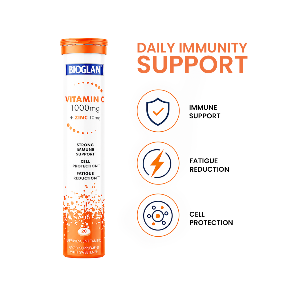 Bioglan Vitamin C 1000mg + Zinc Effervescent – 20 Orange Tablets for Immune Support – Dissolvable Drink, Food Supplement