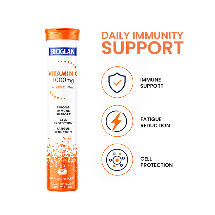 Bioglan Vitamin C 1000mg + Zinc Effervescent – 20 Orange Tablets for Immune Support – Dissolvable Drink, Food Supplement