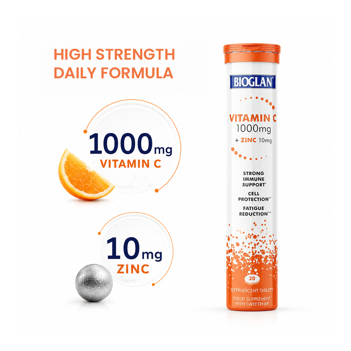 Bioglan Vitamin C 1000mg + Zinc Effervescent – 20 Orange Tablets for Immune Support – Dissolvable Drink, Food Supplement