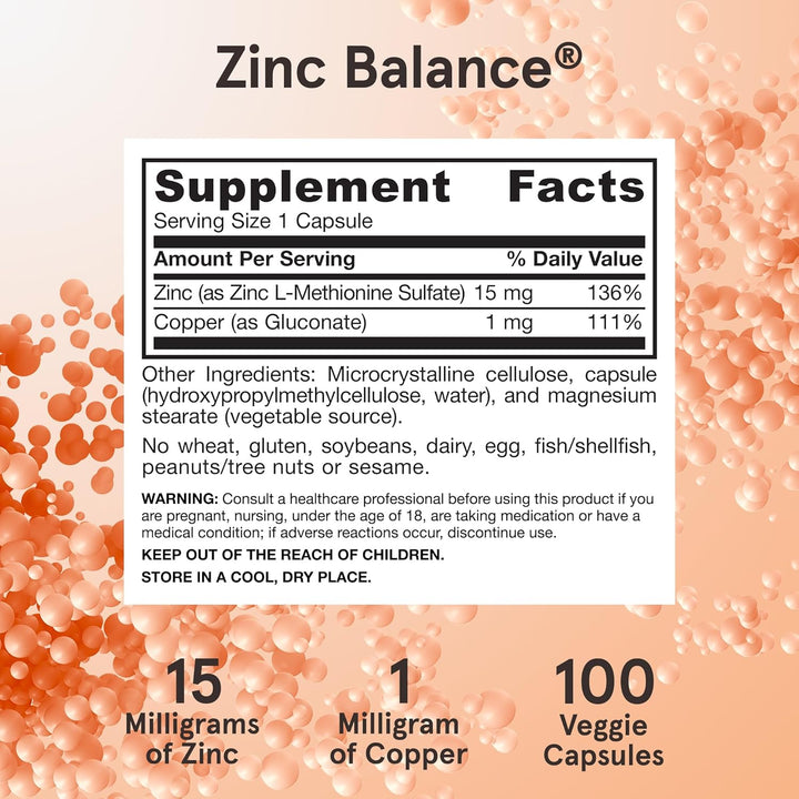 Jarrow Formulas Zinc Balance 100 Capsules - Supplement Facts