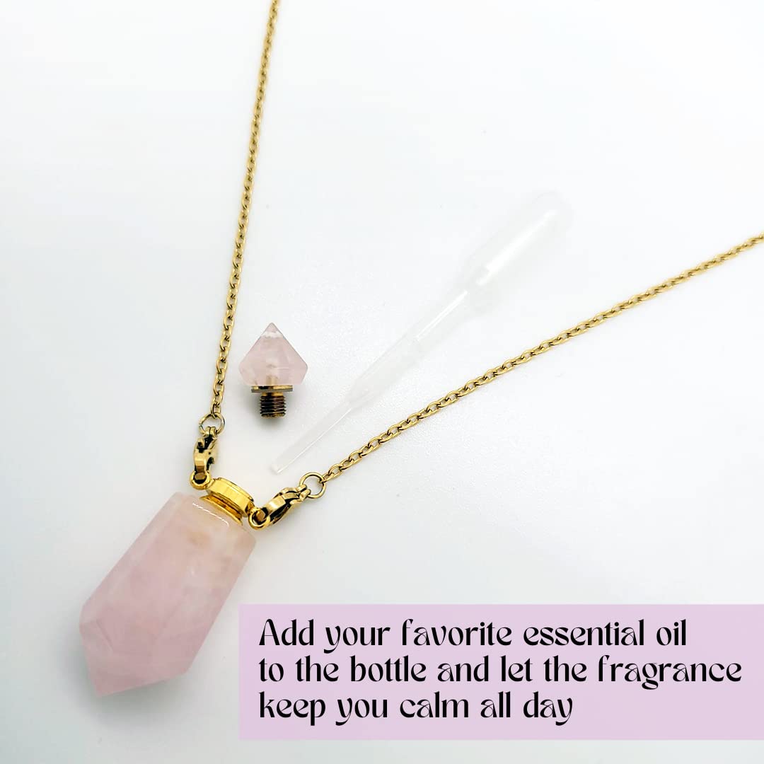 Giada Genuine Rose Quartz Fragrance Pendant with Chain - Add Essential Oil